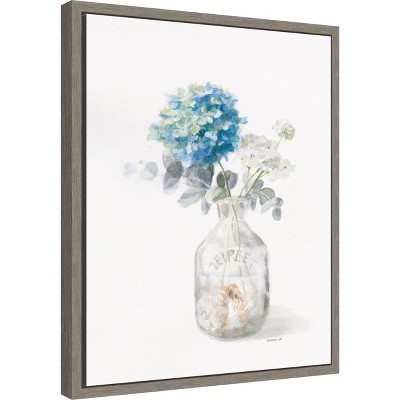 Blue and White Floral Canvas Print with Gray Frame