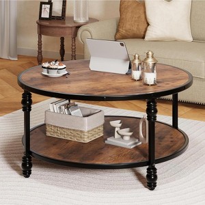 Round Coffee Table Industrial Center Table with Storage Shelf 2-Tier Rustic Accent Center Table Wood Circle Coffee Table - 1 of 4