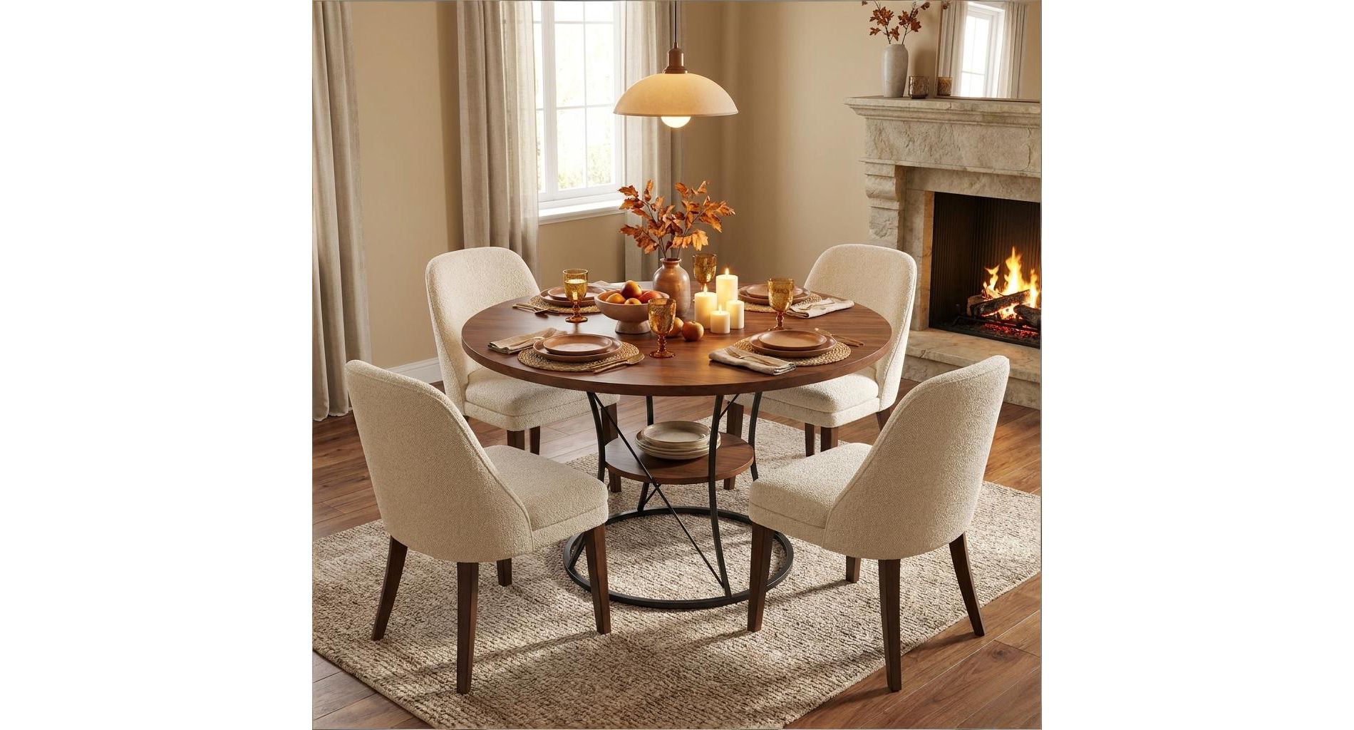 Round Farmhouse Dining Table – 43" Expandable to 59" with Storage Shelf, Wood Top & Black Metal Base, Seats 4-6 for Kitchen, Dining Room, Small Spaces