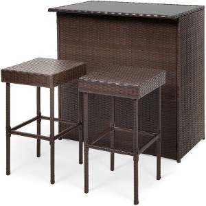 Best Choice Products 3-Piece All-Weather Wicker Bar Table Set for Patio, Backyard w/ 2 Stools, Glass Tabletop - Brown - 1 of 4