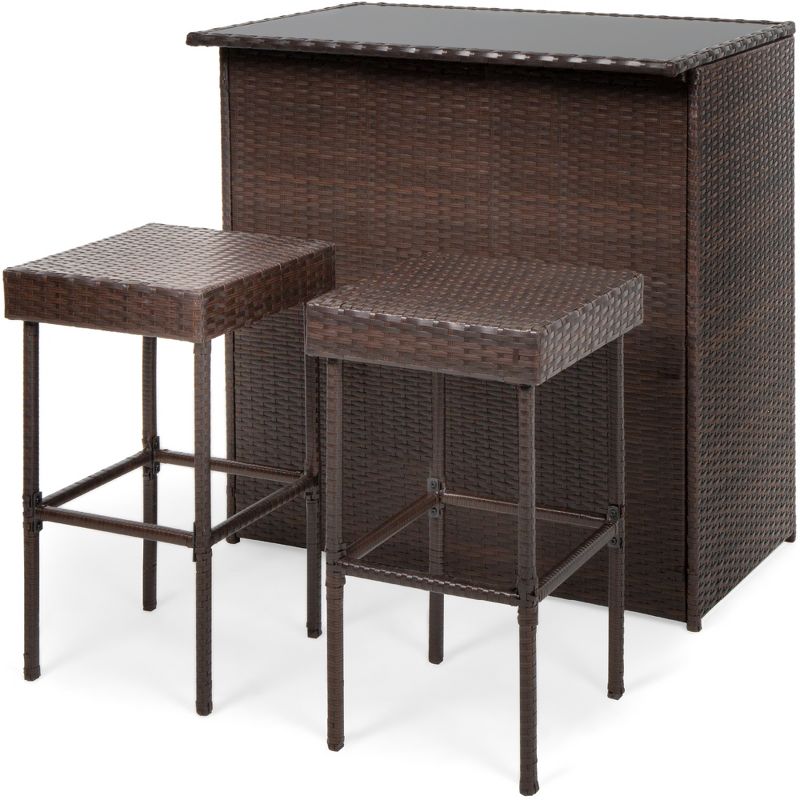 Best Choice Products 3-Piece All-Weather Wicker Bar Table Set for Patio, Backyard w/ 2 Stools, Glass Tabletop - Brown, 1 of 8