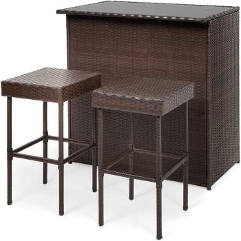 Best Choice Products 3-Piece All-Weather Wicker Bar Table Set for Patio, Backyard w/ 2 Stools, Glass Tabletop - Brown
