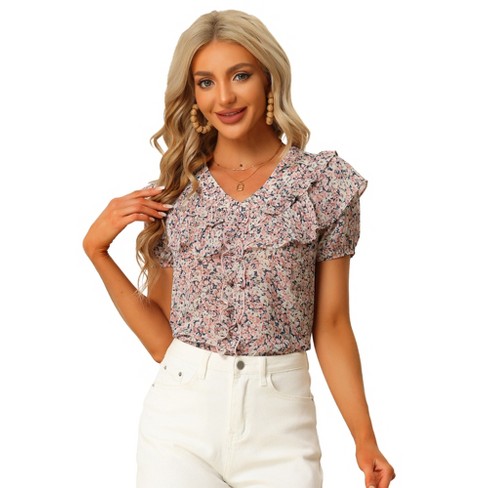 Allegra K Women's Ruffle V Neck Short Sleeve Casual Floral Blouse