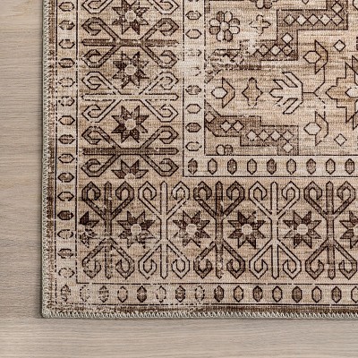 Beige and Brown Floral Synthetic Washable 4' x 6' Area Rug