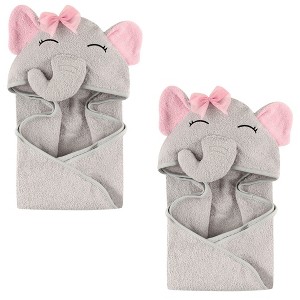 Hudson Baby Infant Girl Cotton Animal Face Hooded Towel, Pretty Elephant 2-Piece, One Size - 1 of 2