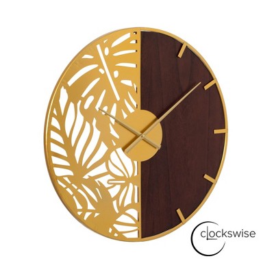 24" Brown Wood and Gold Metal Leaf Cutout Oversized Wall Clock