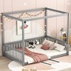 TIRAMISUBEST Twin/Full Size Canopy Frame Floor Bed with Fence and Guardrails, Pine Wood 4-Poster Canopy Bed Montessori Bed - 2 of 4