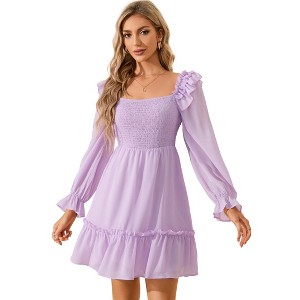 Coolmee Women's Smocked Ruffle Dress Square Neck Long Sleeve Party Dress Cute Wedding Guest Midi Dress - 1 of 4