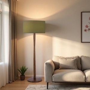 61" Walnut Wood Standing Floor Lamp with Linen Drum Shade, Modern Accent Light for Living Room, Bedroom, Hallway & Study - 1 of 4