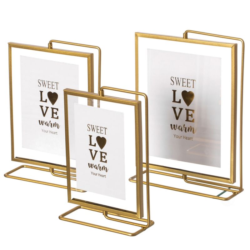 Fabulaxe Gold Modern Metal Floating Tabletop Photo Frame with Glass Cover and Glass Cover and Free Spinning Stand, 3 of 9