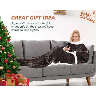 Brown Sherpa Fleece Wearable Blanket with Sleeves and Foot Pockets