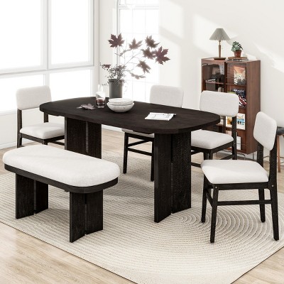 6-Piece Dining Set for 6 ,Oval 65" Dining Table with Upholstered Dining Chairs and Dining Bench for Dining Room, Living Room-Tanpinhause