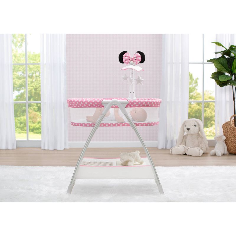 Delta Children Disney Minnie Mouse Bassinet with Rotating Mobile Arm, Vibration, Nightlight and Music - White/Pink, 3 of 9