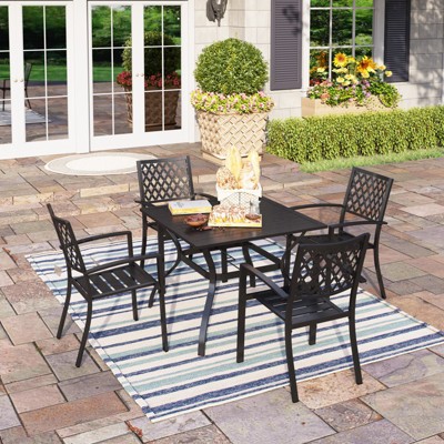 Captiva Designs 5pc Patio Slat-top Square Steel Dining Table with Umbrella Hole & Metal Arm Chairs