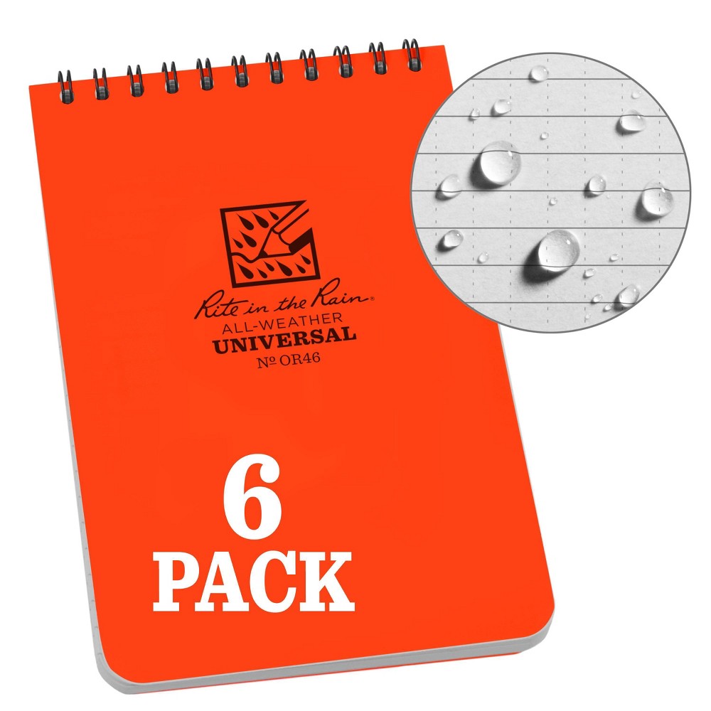 6pk Spiral Notebook 1 Subject Special Ruled 4" X 6" Orange Rite In The Rain