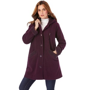 Roaman's Women's Plus Size Hooded Button Front Plush Fleece Coat - 1 of 4