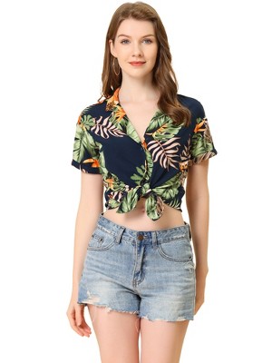 Allegra K Women's Hawaiian Floral Leaves Printed Short Sleeve Button Down Vintage Shirt