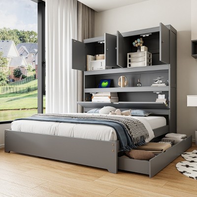 Full Size Bed Wooden Frame With Storage Headboard,2 Drawers And Integrated USB Outlets,Wood Slats Platform Bed Frame -Maison Boucle
