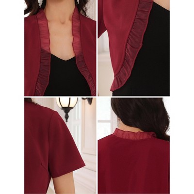 INSPIRE CHIC Women's Ruffle Short Sleeve Open Front Shrug Dark Red Small — фото 4