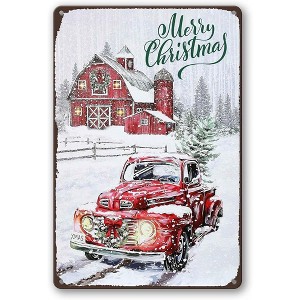 Lomsoe Vintage Christmas Red Truck Wall Sign - Metal Plaque Sign Decorations - 8x12 Inch Christmas Gift - 1 of 4