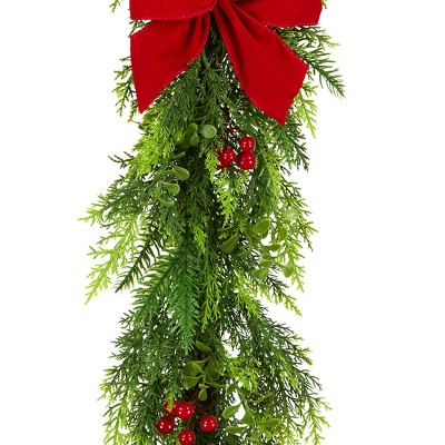 6' Artificial Pine Christmas Garland with Red Bows and Berries