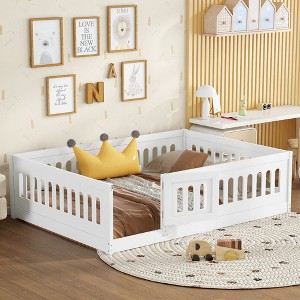 Okak Twin/Full Size Floor Bed Frame Solid Wood Bed with Safety Rails, Low Profile Design for Child Bedroom, Kids Playroom - 1 of 4