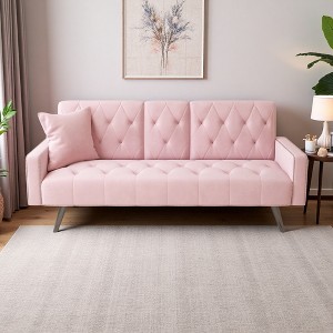 72" Velvet Sofa Bed with Tufted Back & Armrest Cup Holders - 1 of 4