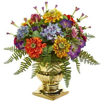 Nearly Natural 14-in Mixed Floral Artificial Arrangement in Gold Urn