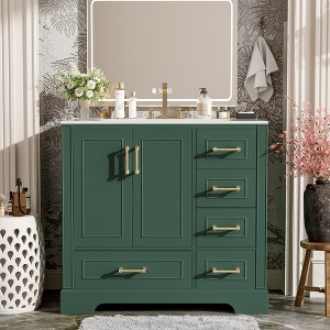 VYNXARIA 36" Traditional Bathroom Vanity with Ceramics Sink , Green Bathroom Cabinet with Two Soft Close Doors and Four Drawers - 1 of 4