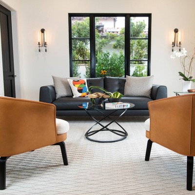 31.5" Round Clear Glass Coffee Table with Black Metal Base