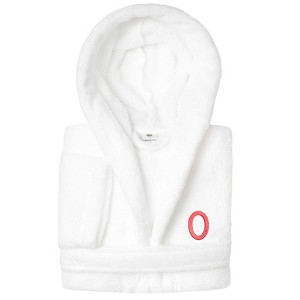 Personalized Linum Kids 100% Polyester SUPER PLUSH Double Brushed Hooded Bathrobe in Pink Bookman Font - 1 of 3