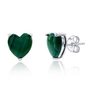 Bella Silver Sterling Silver, 3 Prong Heart Studs - Malachite - Green - 1 of 2
