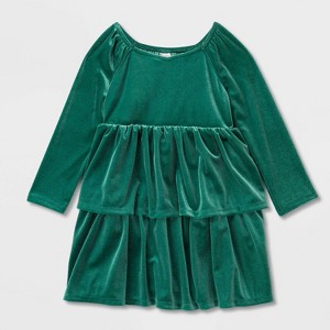 Toddler Girls' Adaptive Long Sleeve Velour Dress - Cat & Jack™ Green - 1 of 4