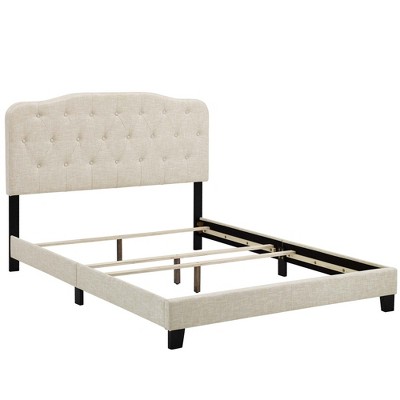 Elegant Beige King-Size Upholstered Bed with Tufted Headboard