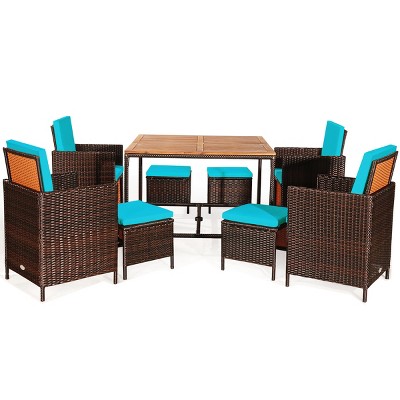 Turquoise PE Wicker and Acacia Wood 9-Piece Outdoor Dining Set