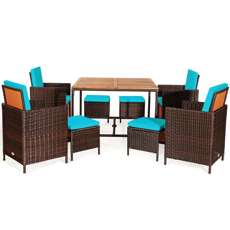 Tangkula 9 PCS Outdoor Patio Dining Set Conversation Furniture W/ Removable Cushions Turquoise, 3 of 5