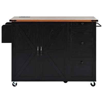 CLIHOME 54.5" Farmhouse Rolling Kitchen Island with Power Outlet, Kitchen Storage Cart with Internal Storage Rack, Drop Leaf, Spice Rack