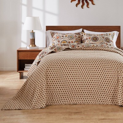 Greenland Home Fashions Queen Andorra Bedspread Bedding Set Beige - Greenland Home Fashions: Reversible Cotton, Abstract Floral, 3-Piece, Traditional Style — фото 3