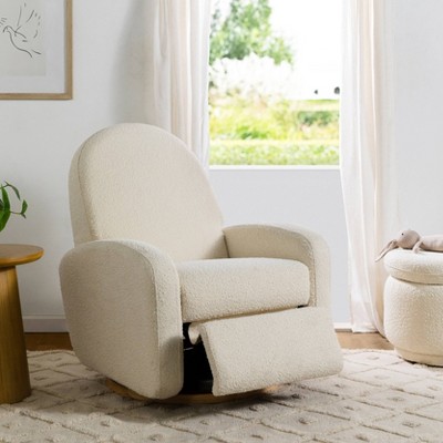 Ivory Boucle Swivel Recliner with Light Wood Base