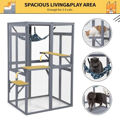 Grey Wooden Outdoor Cat House with Platforms and Hammock