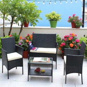 Outdoor Wicker Patio Set with Loveseat, Armchairs, and Tea Table - Water-Resistant Cushions & UV Protection - 1 of 4