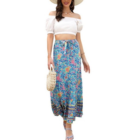 Women s Summer Elastic High Waist Boho Maxi Skirt Casual Ruffle A Line Long Skirt Flowy Midi Skirt Target