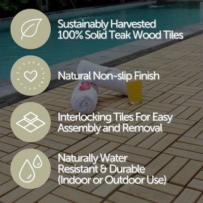 Natural Teak Wood Interlocking Deck Tiles, 12 Slat, 10 sq ft