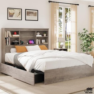Jojoka Full/Queen Size Bed Frame with Bookcase Headboard, 4 Storage Drawers, Charging Station, Metal Support, No Box Spring Needed, Noise-Free - 1 of 4