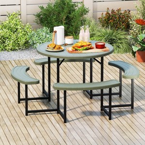 Costway Round Picnic Table Bench Set with 4 Benches Umbrella Hole All Weather Tabletop White/Green/Gray/Black - 1 of 4