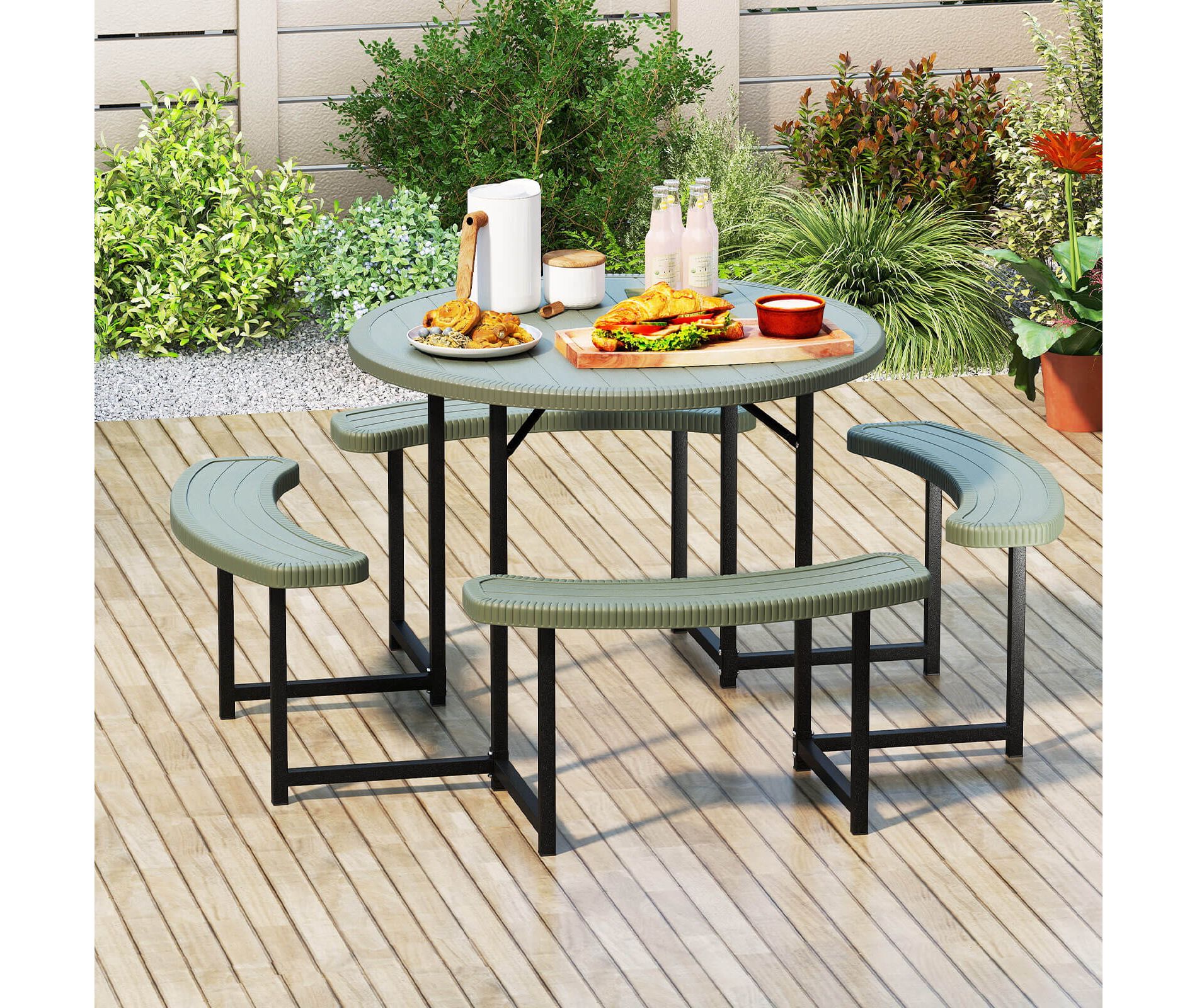 Costway Round Picnic Table Bench Set with 4 Benches Umbrella Hole All Weather Tabletop Green