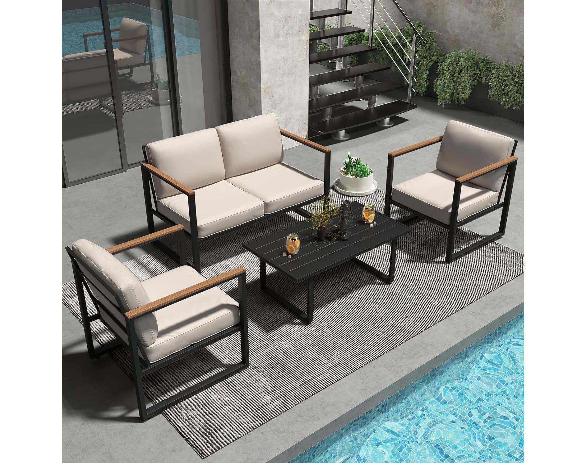 Patio Furniture Set 4 Pieces Outdoor Metal Patio Conversation Sets Porch Chairs with Coffee Table Patio Sectional Furniture Set for Porch,Balcony
