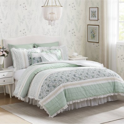 Lyngins 9-Piece Cotton Percale Comforter Set – Cottage Shabby Chic Paisley Print, Lace Taping, Oeko-Tex Certified, Cal King Bedding Set