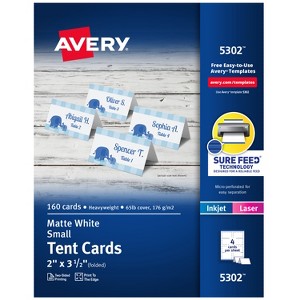 Avery Printable Tent Cards with Sure Feed Technology, 2" x 3.5", White, 160 Blank Place Cards for Laser or Inkjet Printers (5302) - 1 of 4