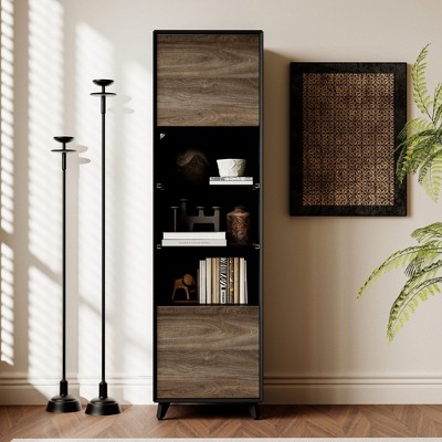 FUFU&GAGA Vertical Storage Cabinet Bathroom Cabinet Kitchen Cabinet with Wood Grain and Black Finish LED Lit Organizer for Home Office/Living Room